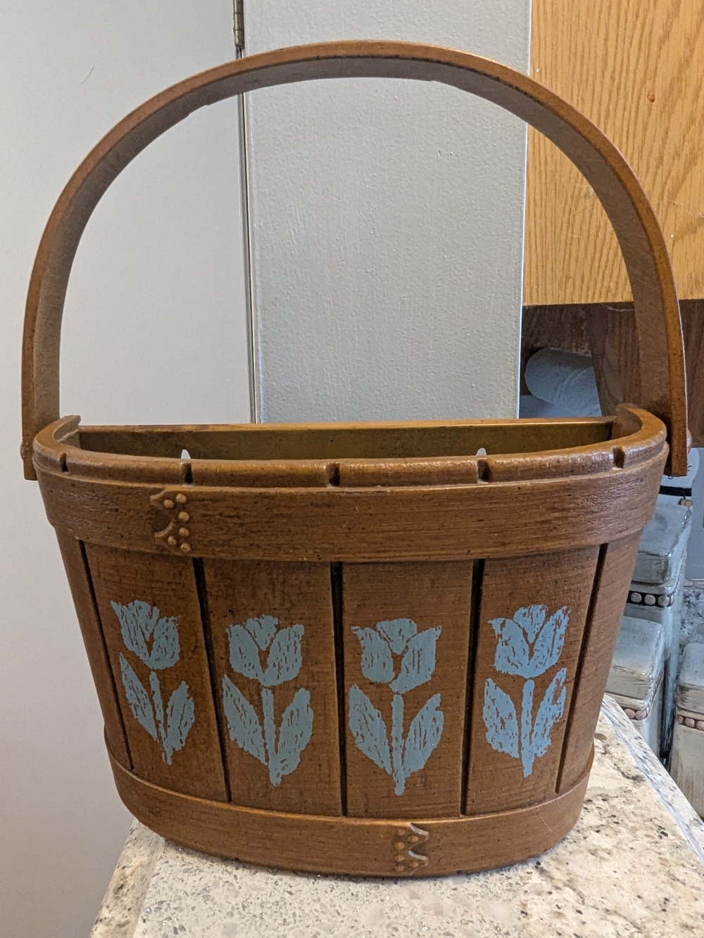 Vintage Blue Tulips Wall Pocket Hanging Basket Kitchen Organizer Mid-Century Pot